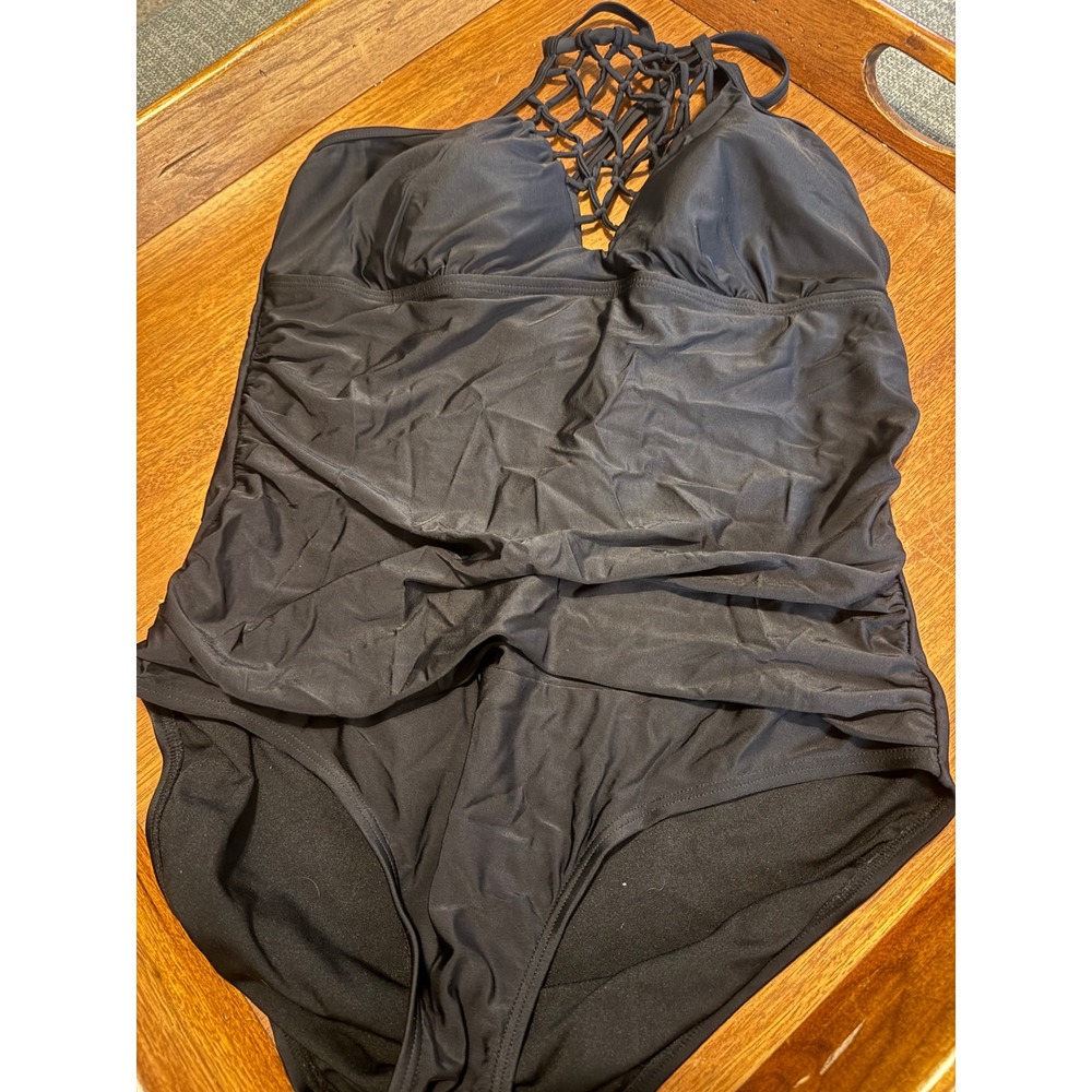 Black One Piece Swimsuit Halter Neck Lattice Ruched Tummy Control